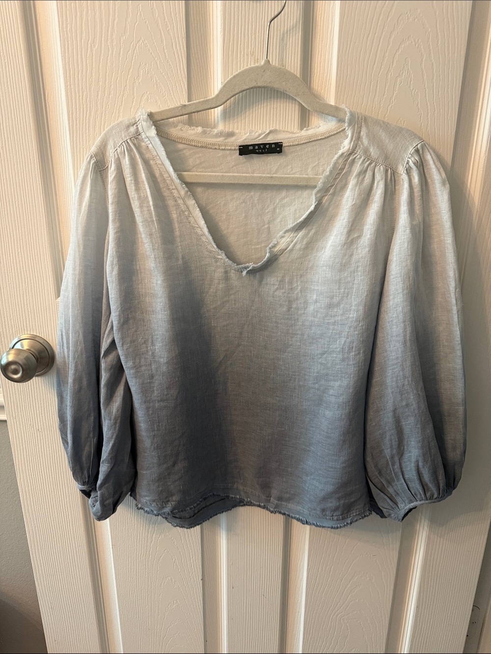 Maven West Ombre Light Blue Peasant Blouse 100% linen